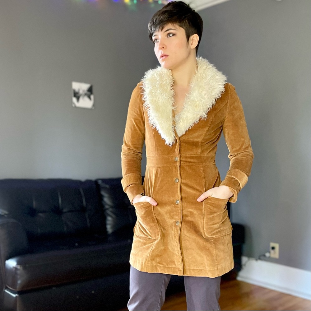 Carmel Colored Corduroy Jacket with Faux Fur Collar